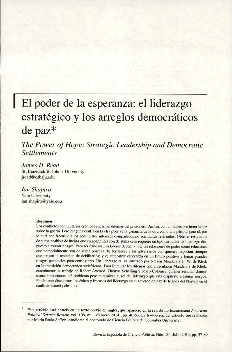 El poder de la esperanza: el liderazgo estrategico y los arreglos democraticos de paz